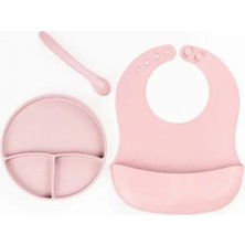 Marsilyan Pembe 3’lü Silikon Yemek Seti – Önlük + Diş Kaşıyıcılı Kaşık + Vakumlu Tabak