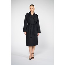 Thalure Kadın Lacivert Kemerli Uzun Trençkot