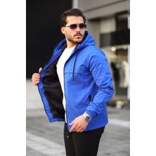 Comstar Erkek Suya Dayanıklı Kapüşonlu Cepli Yağmurluk Saks Mavi İçi Astarlı 3XL