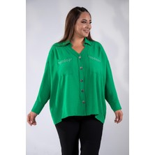 Roxxlen Büyük Beden Kadın Cep Taşlı Çıt Çıtlı Beyaz Gömlek