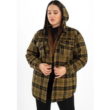 Roxxlen Büyük Beden Kadın Kapüşonlu Ekose Kaban