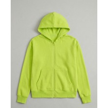 Unisex Çocuk Fosfor Yeşil Fermuarlı Kapüşonlu Sweatshirt Okul-Günlük Için Rahat Basic Hırka 3-10YAŞ