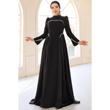 Olcay Inci Detaylı Krep ve Saten Kombinli Kloş Tesettür Siyah 1686