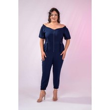 Roxxlen 1111050 Kadın Büyük Beden Fermuarlı Cepli Tulum Lacivert