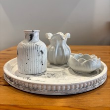 Atölye Sonart Ebru Desenli Taş Tozu Dekoratif Tepsili 4'lü Mumluk Set