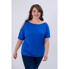 Roxxlen Büyük Beden Kadın Omuz Detaylı Bluz Mavi