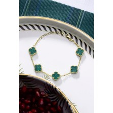 INNUENDO JEWELRY 925 Ayar Gümüş Altın Kaplama Yeşil Yonca Bileklik Beşli Taşlı Kadın Şık Zarif Bileklik