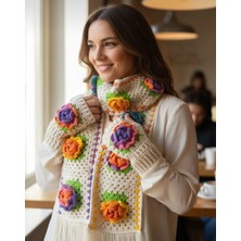 Megahan Boutique Renkli Gül Motıfli El Örgü tığ işiKadın Atkı ve Parmaksız Eldıven Takım,hedıyelık sevgılıler ürünü