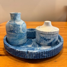 Atölye Sonart Ebru Desenli Taş Tozu Dekoratif Tepsili 4'lü Mumluk Set