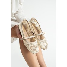 Dabab Shoes Merına Kadın Ten Düz Babet Dantel Dokuma Çiçek Desenli Tokalı Düz Günlük Ayakkabı