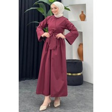 Tesettür Diyarı Kadın Bağlama Detaylı Gömlek Elbise- Bordo