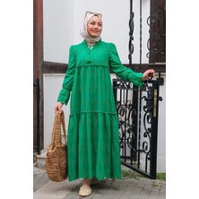 Tesettür Diyarı Fistolu Yaka Bağlama Detaylı Tesettür Elbise- Yeşil