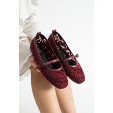 Dabab Shoes Merına Kadın Bordo Düz Babet Dantel Dokuma Çiçek Desenli Tokalı Düz Günlük Ayakkabı