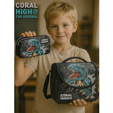 Coral High Koyu Gri Siyah Dinozor Desenli Iki Bölmeli Kalem Çantası ve Thermo Beslenme Çantası