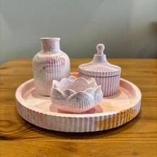 Atölye Sonart Ebru Desenli Taş Tozu Dekoratif Tepsili 4'lü Mumluk Set