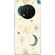 TechTree Honor X9C Uyumlu Krem Zeminli Ay ve Yıldız Baskılı Silikon Kılıf