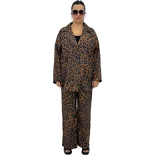 Aysel Büyük Beden Leopar Desenli Düğmeli Üçlü Kadın Takım