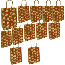 Pandoli Saplı Kraft Yılbaşı Hediye Çantası Poşeti 21X15 cm 12 Adet Kar Desenli Kareli