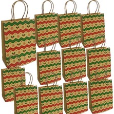 Pandoli Saplı Kraft Yılbaşı Hediye Çantası Poşeti 21X15 cm 12 Adet Kar Desenli Dalgalı