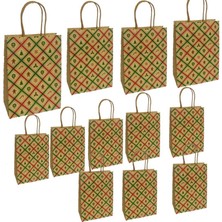 Pandoli Saplı Kraft Yılbaşı Hediye Çantası Poşeti 21X15 cm 12 Adet Yılbaşı Figürleri Desenli