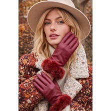 Külah Kadın Kürklü Suni Deri Eldiven - Bordo