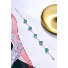 INNUENDO JEWELRY 925 Ayar Gümüş Altın Kaplama Yonca Bileklik 10 mm Yeşil Taşlı Beşli Kadın Bileklik