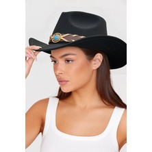 Külah Deri Şeritli Turkuaz Taşlı Siyah Bohem Kovboy Şapka