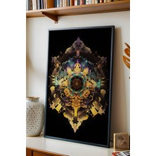 E2 Nova Altın Fraktal Mandala Premium Çerçeveli Tablo - Lüks Modern Soyut Geometrik Duvar Dekoru Siyah Sanat