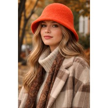 Külah Kadın Premium Cloche Şapka Kışlık Boho Bucket Hat - Orange