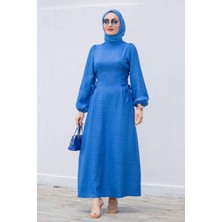 Tesettür Diyarı Yandan Çapraz Bağlamalı Keten Tesettür Elbise- Indigo