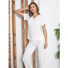 Limissi Imissi Dantelli V Yaka  Pijama Takımı - Ekru L / Xxl