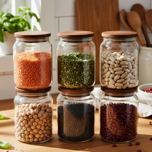 Snippy Round - 6'lı Ahşap Kapaklı Cam Saklama Kabı Cam Sızdırmaz Vakumlu Kapaklı Kavanoz