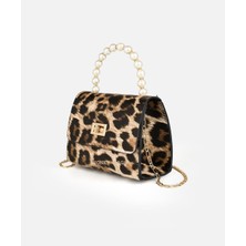 Özüm Takı Çanta Kadın İnci Saplı Zincir Askılı Kilit Kapaklı El ve Omuz Kol Çantası Leopar