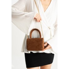 Özüm Takı Çanta Kadın Süet Zincir Askı El Kol ve Omuz Çantası Taba