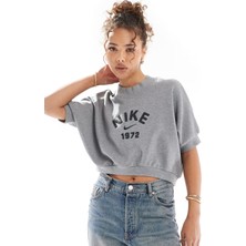 Nike Crop Loose Fit French Terry Short Sleeve Top Kadın Bol Kesim Crop Kısa Kollu Sweatshirt Gri
