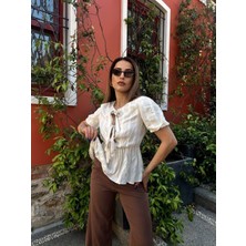 AURA 7 Collection Kadın Giyim Önü Bağcıklı ve Kendinden Şeritli Kısa Kol Keten Bluz