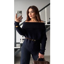 Oslove Lacivert Asimetrik Kesim Madonna Yaka Kazak