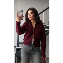 Oslove Bordo Çift Fermuarlı Çelik Triko Hırka