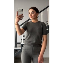 Oslove Füme Melanj Kısa Kol Basic Triko Bluz