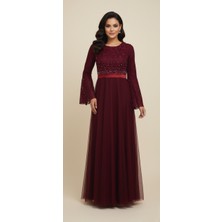 Hit Dükkan Bordo Inci Işlemeli Dantel ve Tül Detaylı Maxi Boy Uzun Abiye Kadın Elbise M5