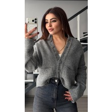 Oslove Gri Melanj Dikyaka Düğmeli Triko Hırka