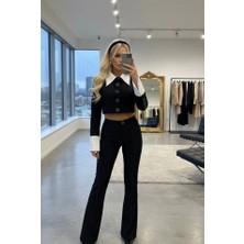 Kadın Gömlek Detay Çixgili Ceket ve Bol Paça Pantolon Ikili Takım