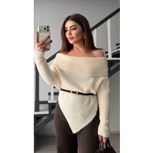 Oslove Ekru Asimetrik Kesim Madonna Yaka Kazak