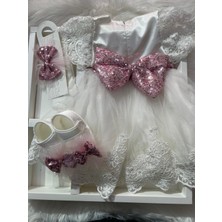 Bebek Pembe Beyaz Patikli Tütülü Payet Işlemeli Elbise