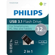 Phılıps FM32DC152B, 32GB, USB 3.1 ve Type-C, Ikisi Bir Arada, Gece Siyahı, Flash Disk