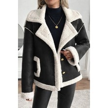 Defy Moda Kadın Uzun Kollu Yakalı Önden Düğmeli Cep Detaylı Süet Ceket