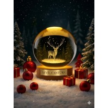 Deco Elit Kişiye Özel 3D Kristal Küre Geyik Figürlü  LED Işıklı Gece Lambası Usb'li Ahşap Standlı Lamba