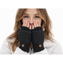 Gigi Giyim Delikli Düz Renk Kapaklı Yarım Parmak Örgü Kadın Eldiven