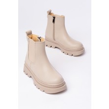 Çocuk Bej Yüksek Taban Lastikli Fermuarlı Kaydırmaz Taban Bot Bot