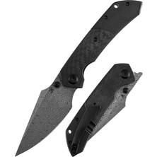 Kansept Fenrir | Liner Lock | Siyah Kaplamalı Titanyum ve Dimi Karbon Fiber G10 Saplı | Damascus Çelik Çakı | K1034D1